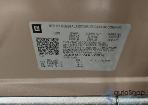 2018 Chevrolet Equinox Lt z USA, uszkodzony, nr VIN 2GNAXSEV4J6274074